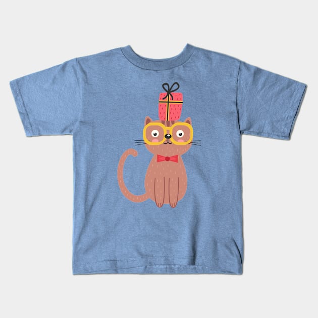 Nerd Cat with Gift Kids T-Shirt by heyjuliana